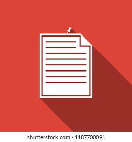 Note paper with pinned pushbutton icon isolated with long shadow. Memo paper sign. Flat design. Vector Illustration