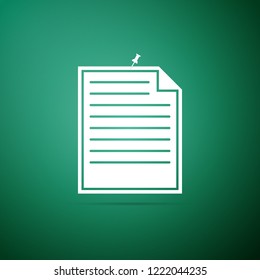 Note paper with pinned pushbutton icon isolated on green background. Memo paper sign. Flat design. Vector Illustration