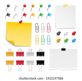 Note paper, pins and paper clips. Colored binder clips, push pins, flags and tacks. Torn sheet paper, sticky note. Realistic stationery. Office supplies. Vector illustration.