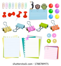 Note paper with pins and clips different color. Paper clip pin set. Elements for attaching paper. Vector illustration