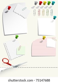 Note paper with push pins and clips