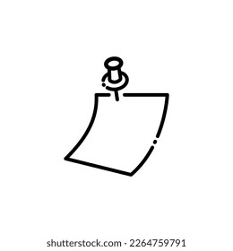 Note paper with pushbutton icon, reminder sticker pinned linear sign isolated on white background.