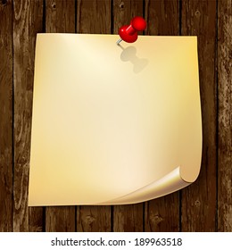Note paper with red pin on wood background.    Vector illustration. 
