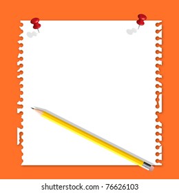 Note paper red pin and pencil on orange background
