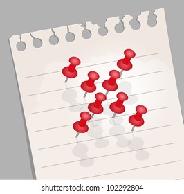 Note paper with red pins.  X mark