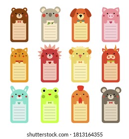 Note Paper Ruled Set For Kids With Bear, Koala, Dog, Pig, Cat, Hedgehog, Sheep, Bull, Bunny, Frog, Rooster, Mouse. Cute Animals Sheet Templates For Diary, Timetable, Memo. Vector Isolated Collection.