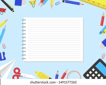 Note paper with school supplies for poster template, vector illustration