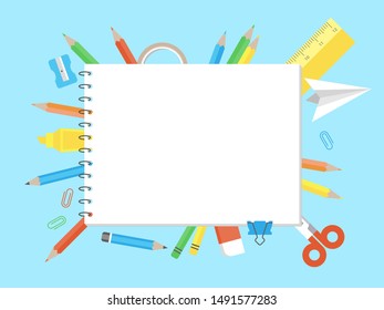 Note paper with school supplies for poster template, vector illustration