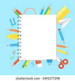 Note paper with school supplies for poster template, vector illustration