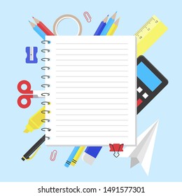 Note paper with school supplies for poster template, vector illustration