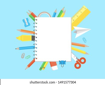 Note paper with school supplies for poster template, vector illustration