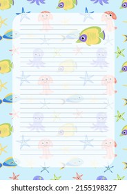Note paper with sea background. Notebook sheet with yellow sea fish for kids. Cartoon, flat. Isolated vector illustration eps