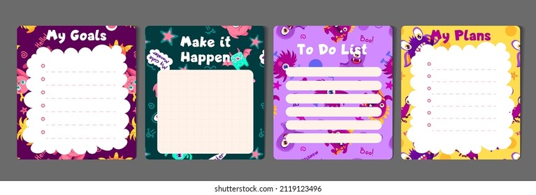 Note Paper Set with cute monsters patterns. To do list and My plans stickers for children and kid stationary. Vector Flat Illustration for printing