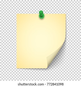 Note Paper with shadow and pushpin on transparent background. Vector yellow post sheet for design