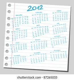 Note paper sketch of a 2012 year  calendar
