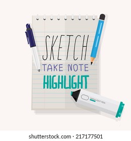 Note Paper Sketch. pencil. pen .highlight pen - vector illustration