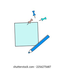 Note paper, sticker with pencil and drawing pins. Education concept. Vector illustration.