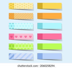Nota: palos de papel. Notas de papeles coloridos, pegatinas de memo coloreadas aisladas en el fondo. Cintas adhesivas de color vectorial con patrón de sombra.