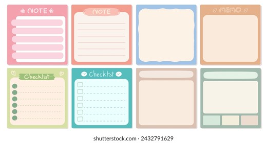 Note paper or sticky note, set of journal notes paper planning design.  Notebook sticker, to do list, time planner, organization diary.