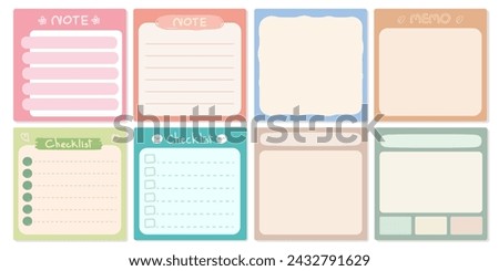 Note paper or sticky note, set of journal notes paper planning design.  Notebook sticker, to do list, time planner, organization diary.
