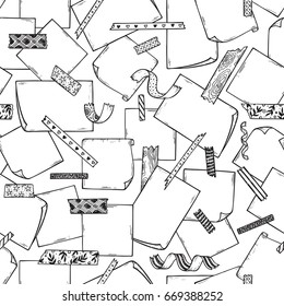 Note Paper and Strips of Masking Tape Seamless pattern. Hand Drawn Doodle Sticky tape with Note Paper. Black and white Vector background