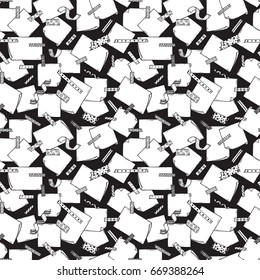 Note Paper and Strips of Masking Tape Seamless pattern. Hand Drawn Doodle Sticky tape with Note Paper. Black and white Vector background