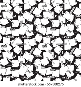 Note Paper and Strips of Masking Tape Seamless pattern. Hand Drawn Doodle Sticky tape with Note Paper. Black and white Vector background
