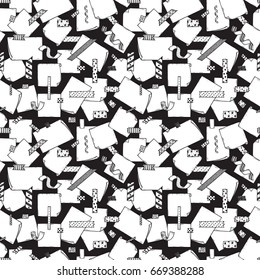 Note Paper and Strips of Masking Tape Seamless pattern. Hand Drawn Doodle Sticky tape with Note Paper. Black and white Vector background