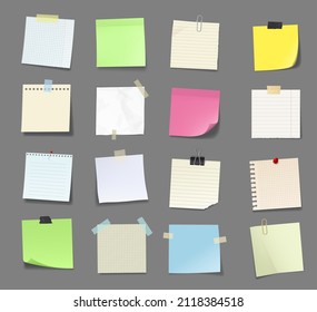 Note paper with tape and stickers, notepad and memory notice sticky sheets. To do list or memo message vector blanks, notepaper of meeting reminder, office information board with appointment notes set