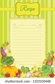Note paper with vegetables. Paper for recipes. Form for recipes. Beautiful paper for kitchen records