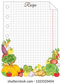 Note paper with vegetables. Paper for recipes. Form for recipes. Beautiful paper for kitchen records