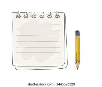 note paper and yellow pencil hand drawn vector art illustration