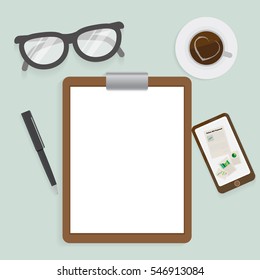 Note paper with your text paper clip and coffee cup, work place concept.