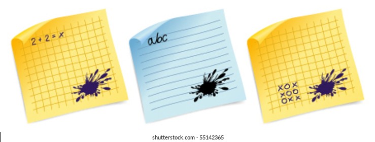 note papers with blots, letters and signs