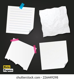 Note papers. Crumpled and torn papers. Writing grid square lined pad. Piece of paper with lines. Scotch taped torn page. Vector