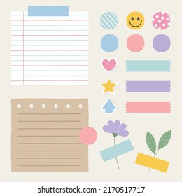 Note papers elements collection, sticky tape, cute sticker. Vector illustration. 