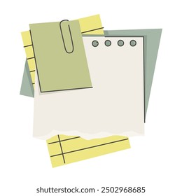 Note papers. Memo, post stickers. Attached adhesive sticky reminders, notice, square sheets for important information. Office stationery. Flat vector illustration isolated on white background