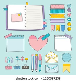 Note papers and office supplies doodle vector set