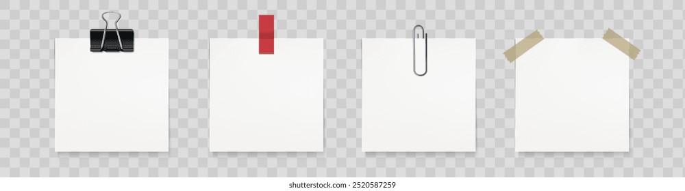 Papel de notas e notas adesivas com clipes de papel. Suporte de página, fichário. Vetor EPS 10