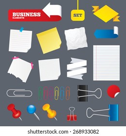 Note papers, web stickers, paper clips and labels. Pin or unpin symbols. Set of flat design elements. Collection of Office supplies. Vector