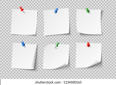 Note papers. White pin blank sticky notes with color pins post notepaper. Nobody paper organize office reminder stuck bulletin board or schedule template icons vector set isolated