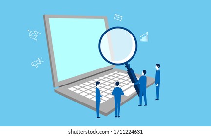 note pc and budiness person image with magnifying glass,vector illustration