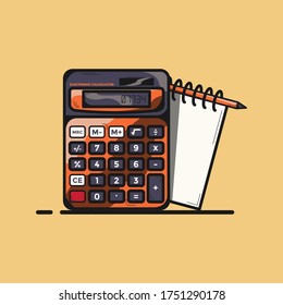 nota con bolígrafo encima detrás de la calculadora sobre fondo marrón claro 