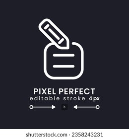 Note with pencil white linear desktop icon on black. Edit information. Working tool. Online notepad. Pixel perfect, outline 4px. Isolated user interface symbol for dark theme. Editable stroke