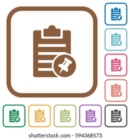Note pin simple icons in color rounded square frames on white background