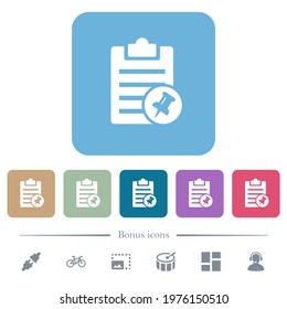 Note pin white flat icons on color rounded square backgrounds. 6 bonus icons included