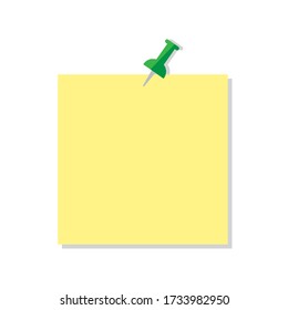 Note pinned by a pin. Notebook post for remember. Yellow promo sticker. Vector image. Stock Photo.