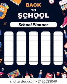 Note planner for school. Template for design and web. Text. Cover knowledge. Notebook. Minimalist style. Organizer. School timetable. Supply. Vector Illustration. 