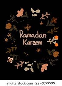 A note Ramadan Kareem with Floral patterns surrounding on black background. Aesthetic concept