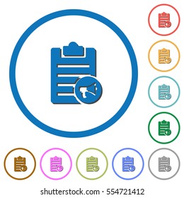 Note reading aloud flat color vector icons with shadows in round outlines on white background